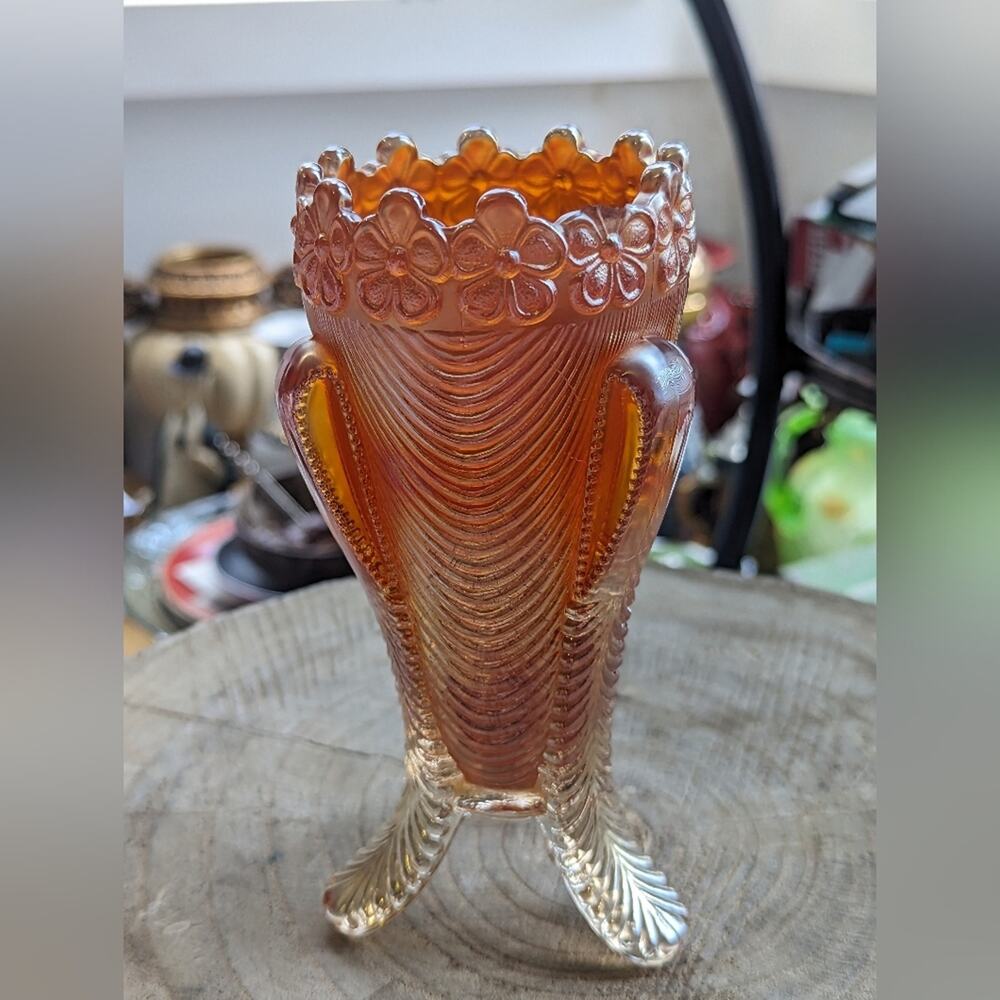 Antique Northwood Daisy and Drape Marigold Orange Carnival Glass Vase 6.25"